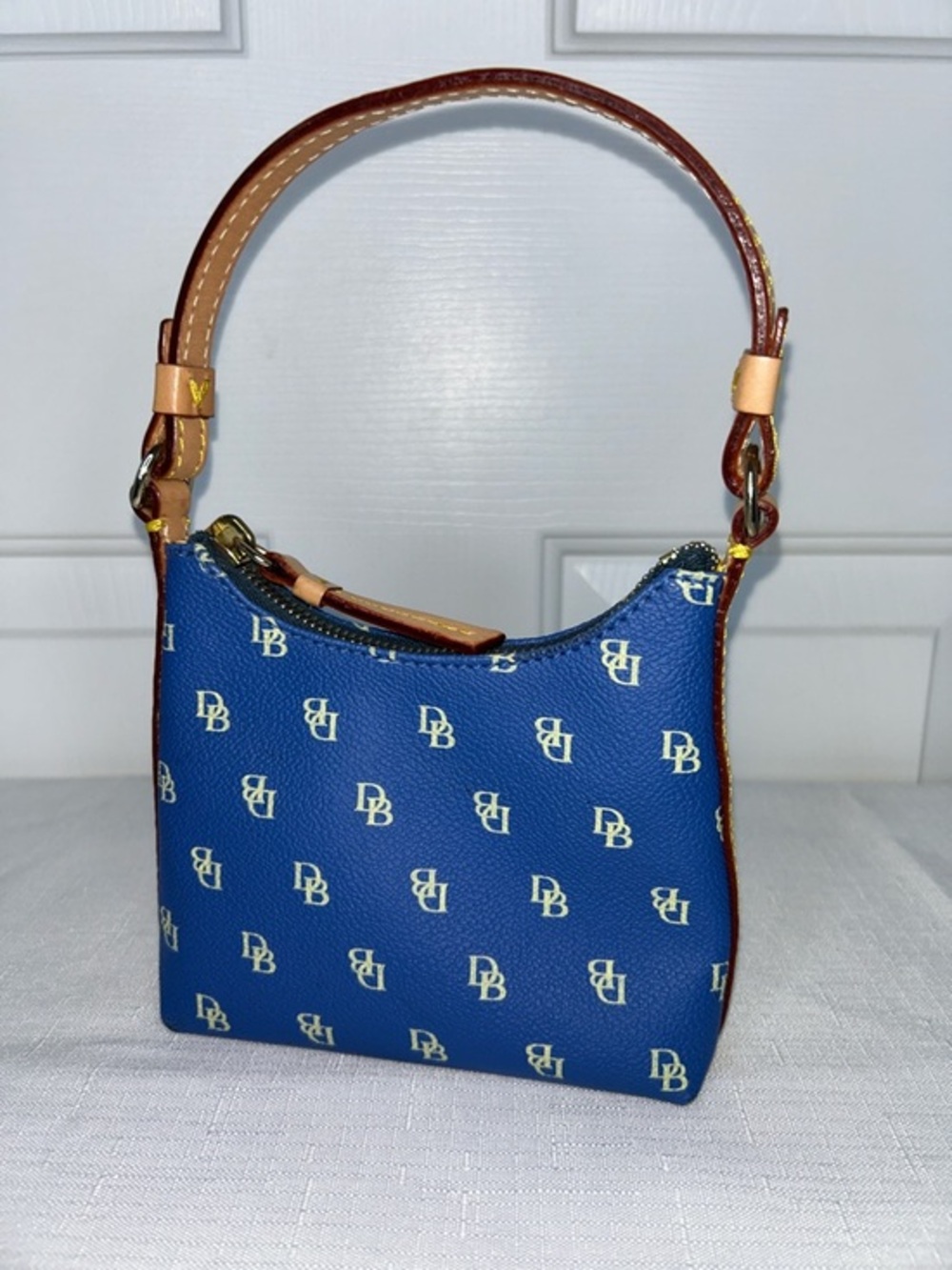 Dooney & Bourke Bitsy Bag Navy & White Micro Top-Handle Bag with Brown Trim